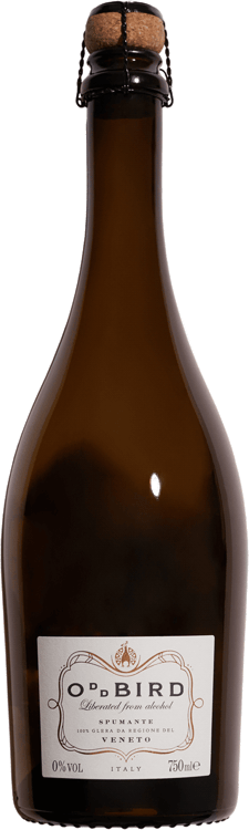 En glasflaska med Oddbird Spumante Non Alcoholic, en mousserande från Italien