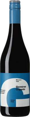 En lättare glasflaska med Gemtree Organic Shiraz 2021, ett rött vin från South Australia i Australien
