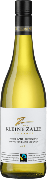 En lättare glasflaska med Kleine Zalze Cellar Selection Fairtrade White Blend 2021, ett vitt vin från Western Cape i Sydafrika