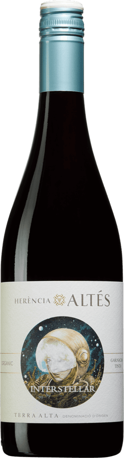 En lättare glasflaska med Herència Altés Interstellar Organic Garnacha 2022, ett rött vin från Katalonien i Spanien