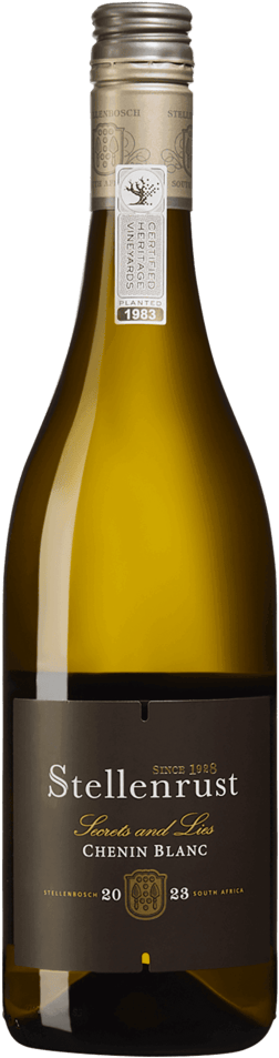 En glasflaska med Stellenrust Secrets & Lies Chenin Blanc 2023, ett vitt vin från Western Cape i Sydafrika