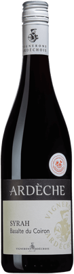 En lättare glasflaska med Basalte du Coiron Syrah, ett rött vin från Rhonedalen i Frankrike