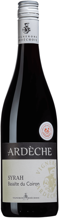 En lättare glasflaska med Basalte du Coiron, ett rött vin från Rhonedalen i Frankrike