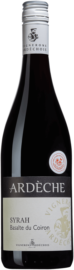 En lättare glasflaska med Basalte du Coiron Syrah 2022, ett rött vin från Rhonedalen i Frankrike
