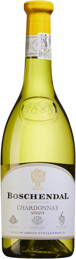 En glasflaska med Boschendal 1685 Chardonnay 2023, ett vitt vin från Western Cape i Sydafrika