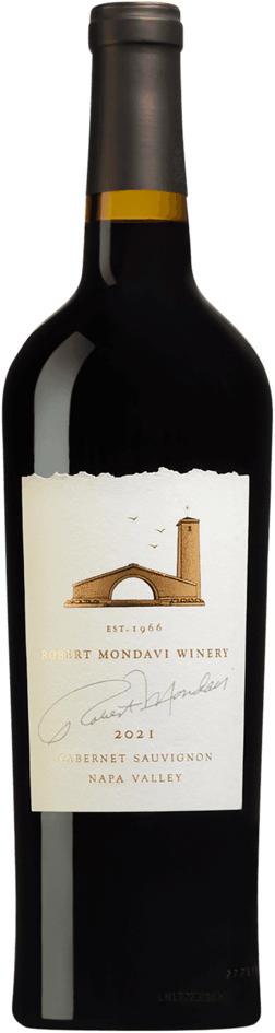 En glasflaska med Robert Mondavi Winery Cabernet Sauvignon Napa Valley 2021, ett rött vin från Kalifornien i USA