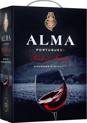 En box med Alma Portuguesa, ett rött vin från Península de Setúbal i Portugal