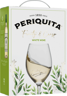 En box med Periquita White, ett vitt vin från Península de Setúbal i Portugal