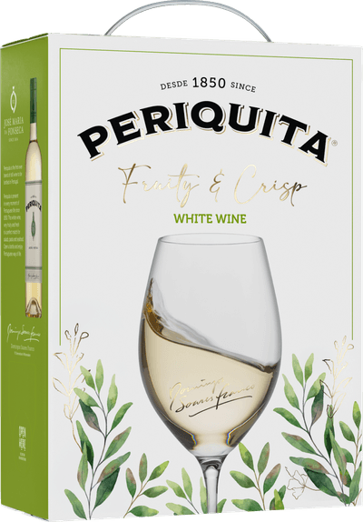 En box med Periquita White, ett vitt vin från Península de Setúbal i Portugal