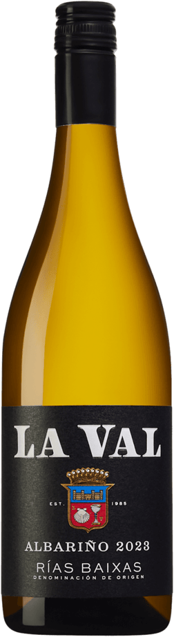En lättare glasflaska med La Val Albariño 2023, ett vitt vin från Galicien i Spanien