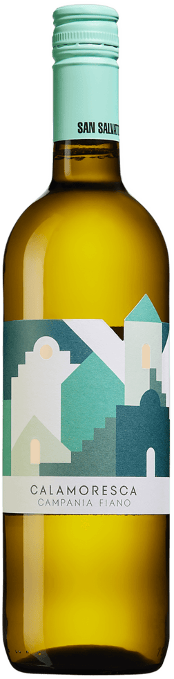 En lättare glasflaska med Calamoresca Fiano 2023, ett vitt vin från Kampanien i Italien