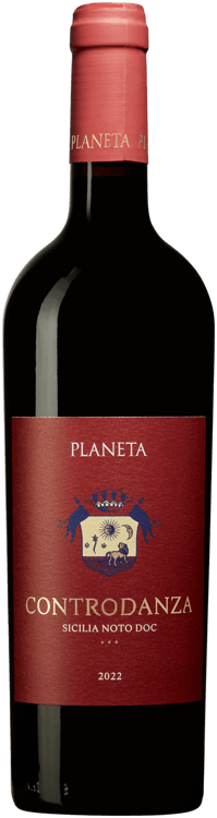 En glasflaska med Controdanza Planeta, ett rött vin från Sicilien i Italien