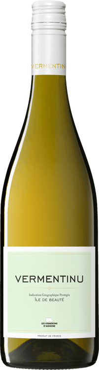 En lättare glasflaska med Les Vignerons d&#8217;Aghione Vermentinu, ett vitt vin från Korsika i Frankrike