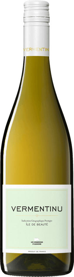 En lättare glasflaska med Les Vignerons d’Aghione Vermentinu 2023, ett vitt vin från Korsika i Frankrike