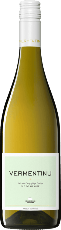 En lättare glasflaska med Les Vignerons d&#8217;Aghione Vermentinu, ett vitt vin från Korsika i Frankrike