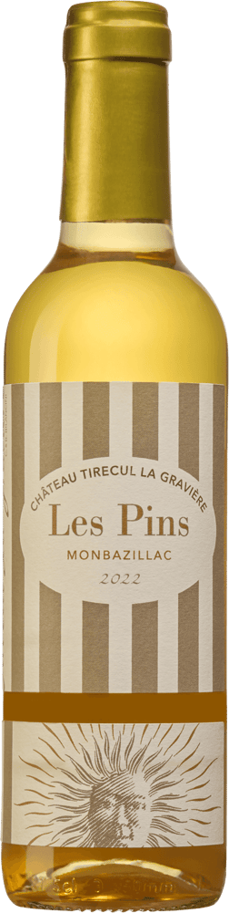 En glasflaska med Château Tirecul La Gravière Les Pins 2022, ett vitt vin från Frankrike sydväst i Frankrike