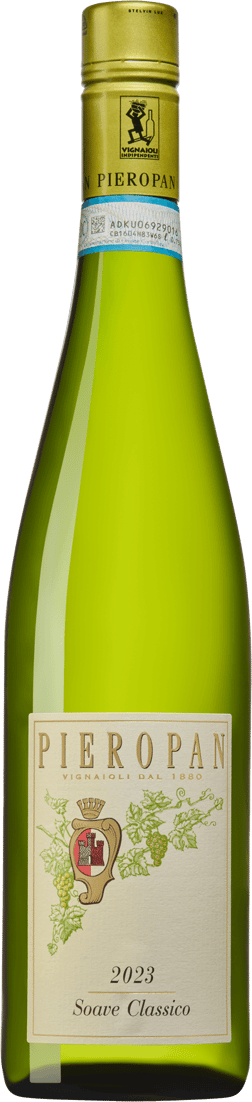 En lättare glasflaska med Pieropan Soave Classico 2023, ett vitt vin från Venetien i Italien