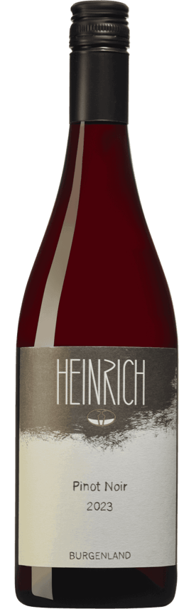 En lättare glasflaska med Heinrich Pinot Noir 2023, ett rött vin från Burgenland i Österrike