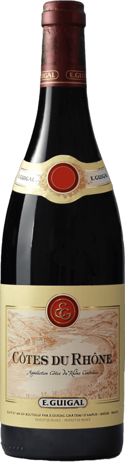 En lättare glasflaska med E. Guigal Côtes-du-Rhône 2021, ett rött vin från Rhonedalen i Frankrike