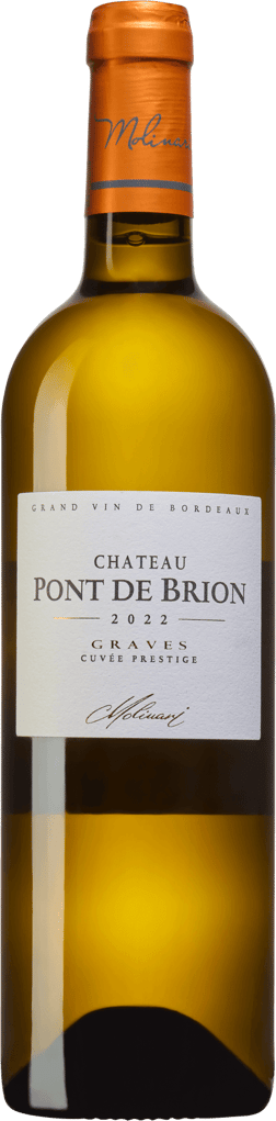 En glasflaska med Château Pont de Brion 2022, ett vitt vin från Bordeaux i Frankrike