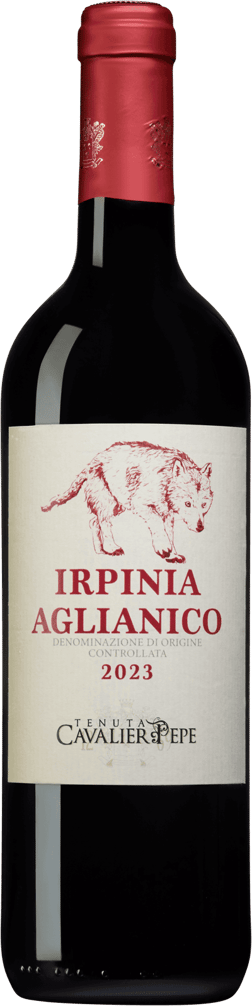 En lättare glasflaska med Tenuta Cavalier Pepe Irpinia Aglianico 2023, ett rött vin från Kampanien i Italien