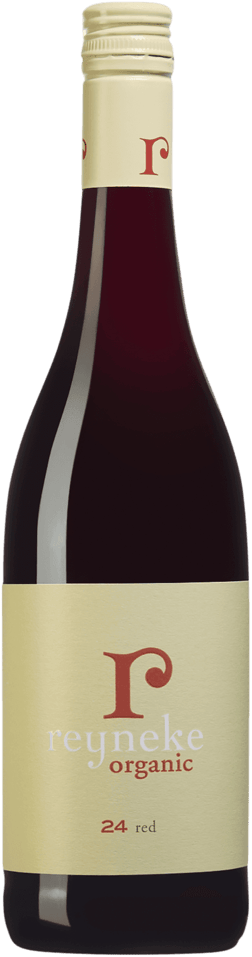 En lättare glasflaska med Reyneke Organic Red 2024, ett rött vin från Western Cape i Sydafrika