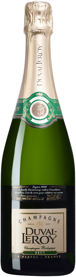 En glasflaska med Duval-Leroy Organic Brut, ett champagne från Champagne i Frankrike