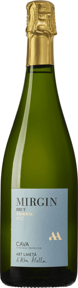En glasflaska med Alta Alella Mirgin Reserva Brut 2022, en mousserande från Cava i Spanien