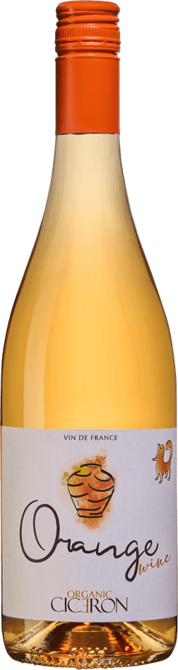 En lättare glasflaska med Orange Wine Ciceron Organic 2024, ett vitt vin från Frankrike