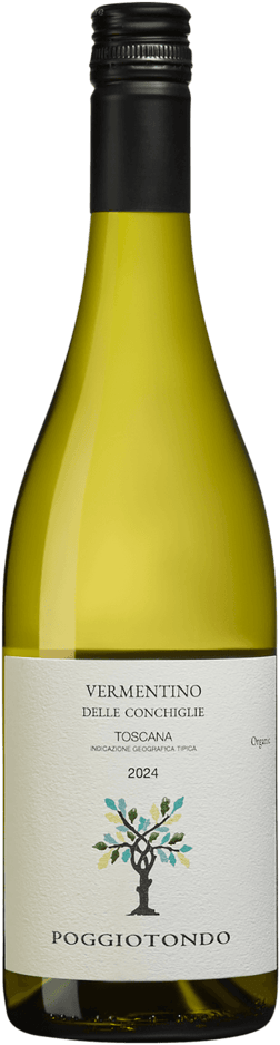 En lättare glasflaska med Poggiotondo Vermentino Delle Conchiglie 2024, ett vitt vin från Toscana i Italien
