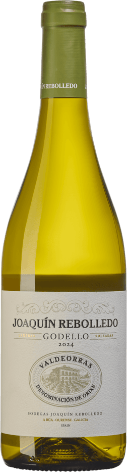 En lättare glasflaska med Joaquín Rebolledo Godello 2024, ett vitt vin från Galicien i Spanien
