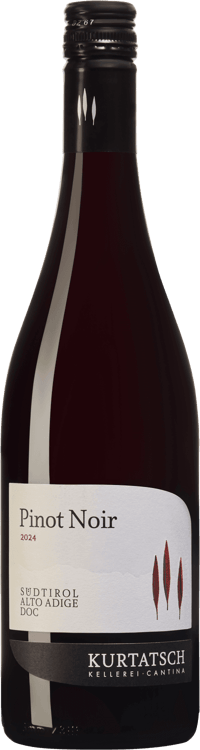 En lättare glasflaska med Cantina Kurtatsch Pinot Noir, ett rött vin från Trentino-Alto Adige i Italien