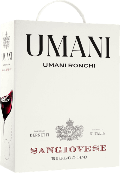 En box med Umani Sangiovese Biologico 2024, ett rött vin från Marche i Italien