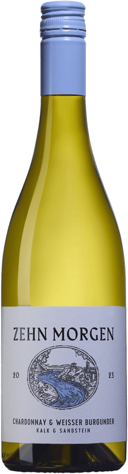 En lättare glasflaska med Zehn Morgen Chardonnay & Weisser Burgunder Sand & Kalkstein Trocken 2023, ett vitt vin från Nahe i Tyskland