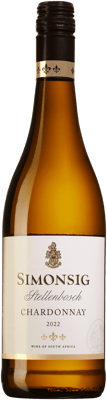En lättare glasflaska med Simonsig Chardonnay, ett vitt vin från Western Cape i Sydafrika