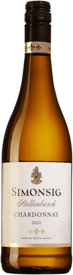 En lättare glasflaska med Simonsig Chardonnay 2022, ett vitt vin från Western Cape i Sydafrika