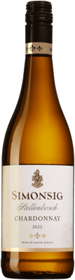 En lättare glasflaska med Simonsig Chardonnay, ett vitt vin från Western Cape i Sydafrika