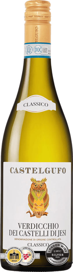En lättare glasflaska med Castelgufo Verdicchio dei Castelli di Jesi 2022, ett vitt vin från Marche i Italien