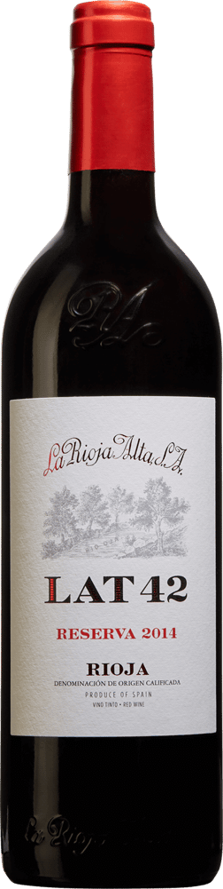 En glasflaska med Lat 42 Reserva 2018, ett rött vin från Rioja i Spanien