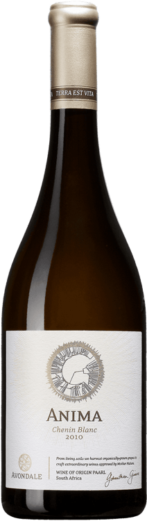 En glasflaska med Anima Chenin Blanc, ett vitt vin från Western Cape i Sydafrika