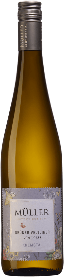 En lättare glasflaska med Weingut Müller Kremstal Grüner Veltliner Vom Loess 2024, ett vitt vin från Niederösterreich i Österrike