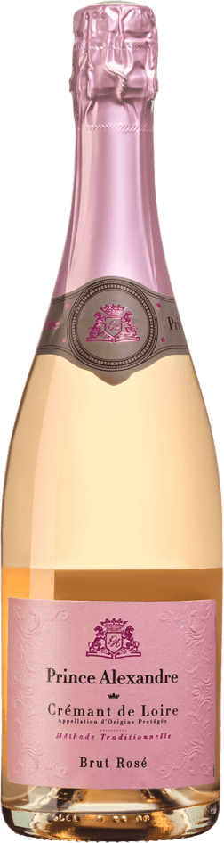 En glasflaska med Prince Alexandre Rosé Brut Organic, en mousserande från Loiredalen i Frankrike