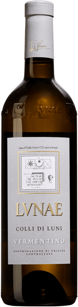 En glasflaska med Cantina Lunae Colli di Luni 2018, ett vitt vin från Ligurien i Italien