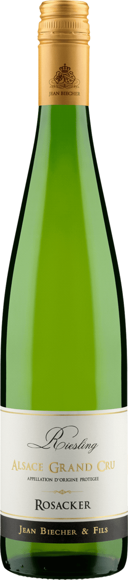 En glasflaska med Jean Biecher Rosacker Grand Cru Riesling 2020, ett vitt vin från Alsace i Frankrike