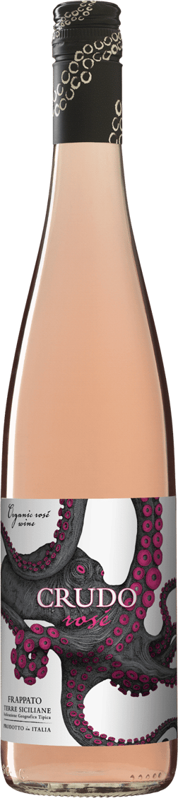 En glasflaska med Crudo Rosé Organic 2023, en rosévin från Sicilien i Italien
