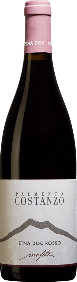 En glasflaska med Palmento Costanzo Etna Rosso Organic 2020, ett rött vin från Sicilien i Italien