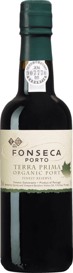 En lättare glasflaska med Fonseca Terra Prima Organic Port, en starkvin från Douro i Portugal