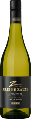 En lättare glasflaska med Kleine Zalze Vineyard Selection Chardonnay 2021, ett vitt vin från Western Cape i Sydafrika