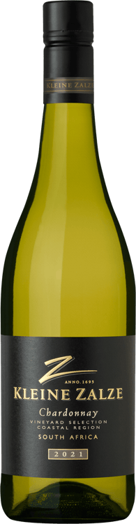 En lättare glasflaska med Kleine Zalze Vineyard Selection Chardonnay 2021, ett vitt vin från Western Cape i Sydafrika