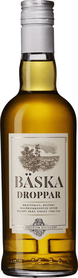 En lättare glasflaska med Bäska Droppar, en kryddat brännvin från Sverige